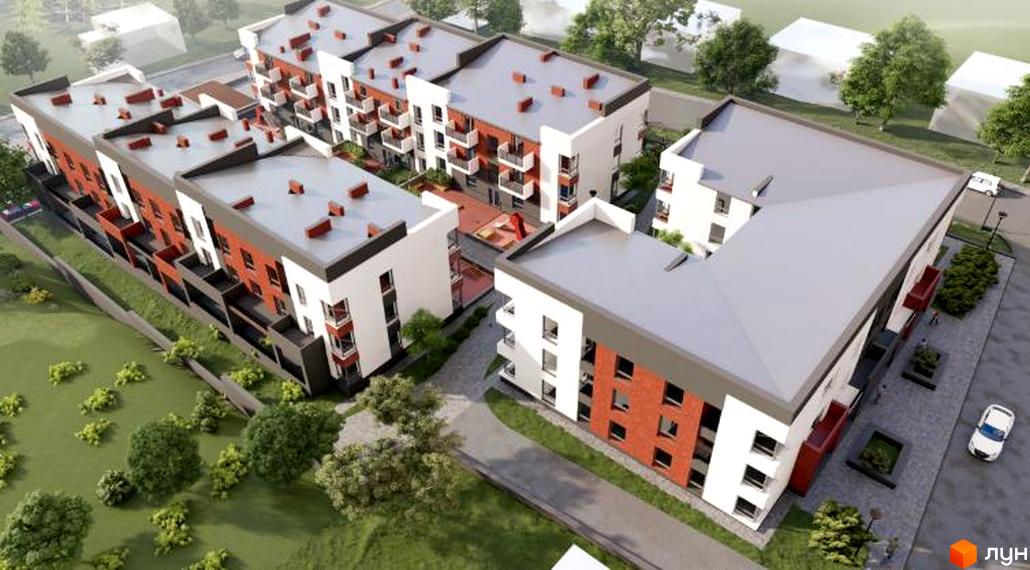 Зовнішній вигляд житлового комплексу Cherry House 2 з цегляним фасадом та білими елементами, прибудинкова територія з зеленими насадженнями та доріжками.