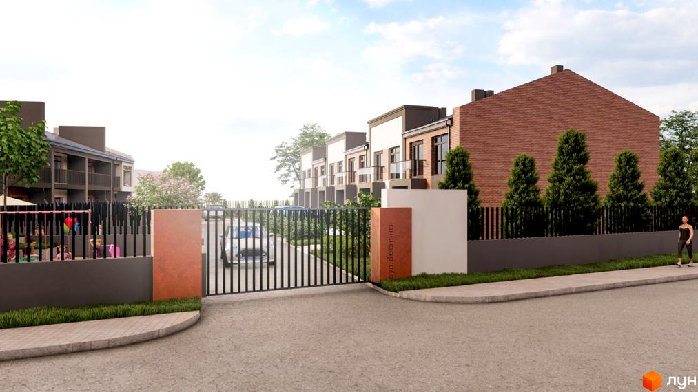 Таунхауси Cherry Town 3 з цегляним фасадом та закритим двором, де розташований дитячий майданчик та парковка.