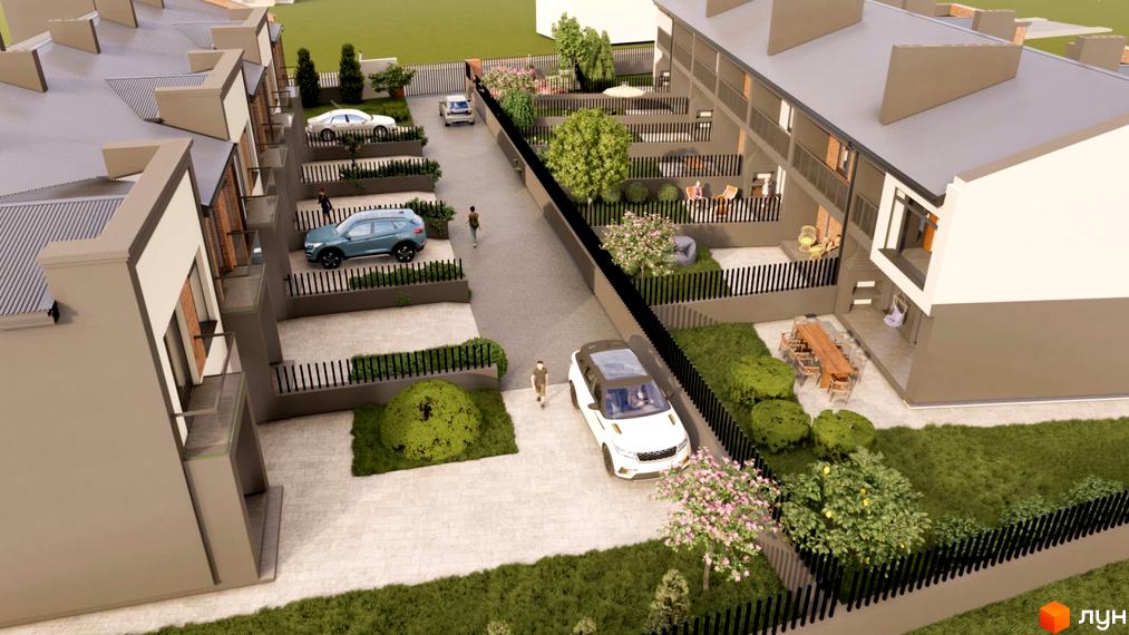 Житловий комплекс Cherry Town 3 з таунхаусами та автомобілями на парковці. Прибудинкова територія з зеленими насадженнями та місцями для відпочинку.