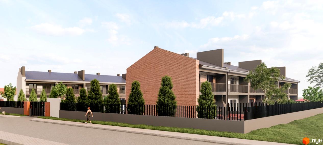 Зовнішній вигляд таунхаусів Cherry Town 3 з цегляними фасадами та балконами. Прибудинкова територія огороджена парканом, з деревами та газоном.