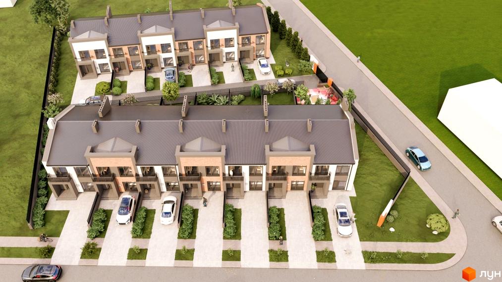 Таунхауси Cherry Town 3 з цегляним фасадом та сірим дахом, розташовані біля дороги з зеленим газоном та парканом.