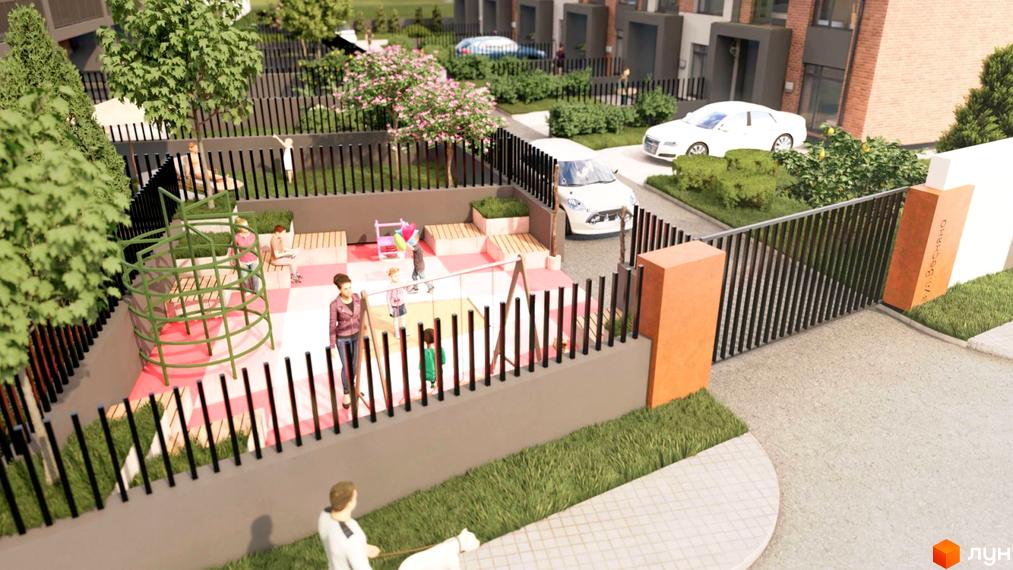 Таунхауси Cherry Town 3: дитячий майданчик та вхідна група з паркуванням. Зовнішній вигляд будинків та прибудинкової території.
