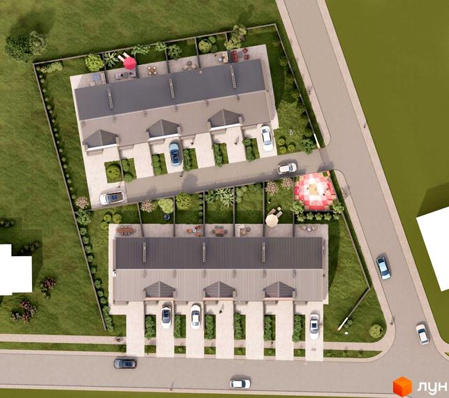 Таунхауси Cherry Town 3 з сірими дахами та індивідуальними паркомісцями. Прибудинкова територія з зеленими насадженнями та зонами відпочинку.