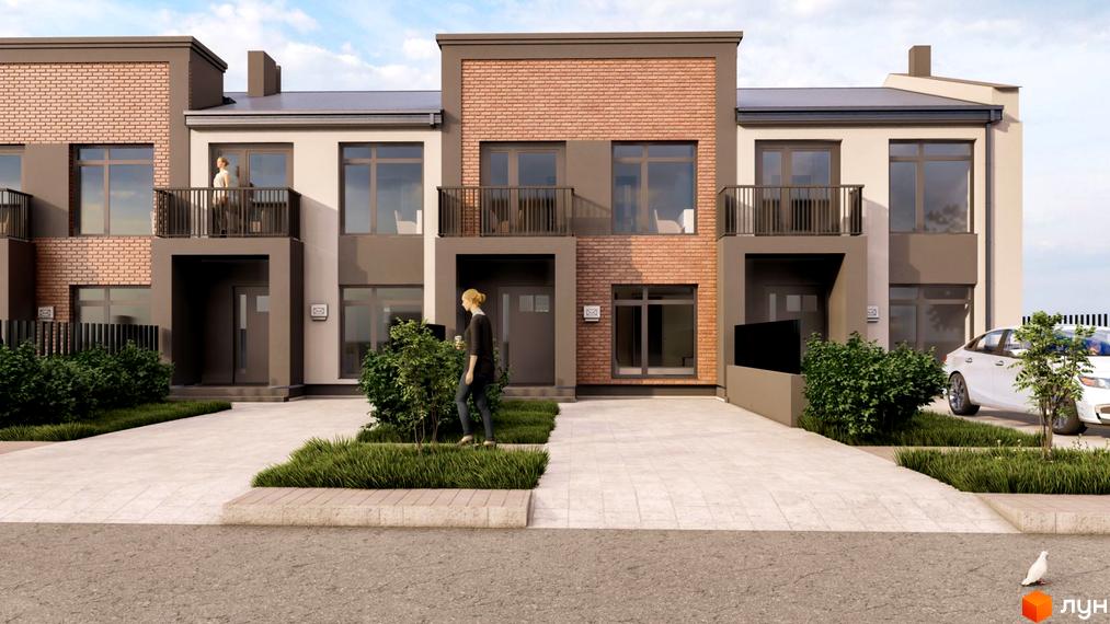 Таунхауси Cherry Town 3 з цегляним фасадом та балконами, перед якими розташований доглянутий двір з кущами та парковкою для авто.