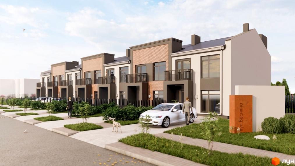 Таунхауси Cherry Town 3 з цегляним фасадом та балконами, прибудинкова територія з доглянутим газоном, деревами та автомобілем.