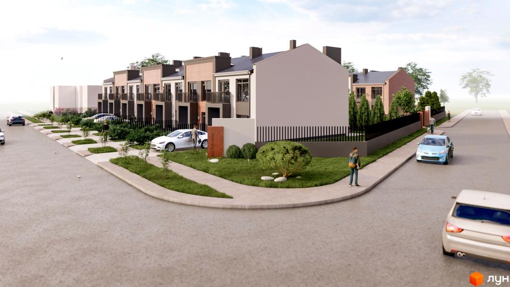 Таунхауси Cherry Town 3 з фасадами з цегли та штукатурки, з балконами та паркінгом. На прибудинковій території зелені насадження та доріжки.