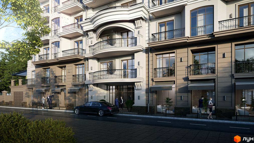 Фасад житлового комплексу Французький бульвар, 29б, з елементами класичної архітектури та балконами. Біля будинку розташована дорога та зелені насадження.