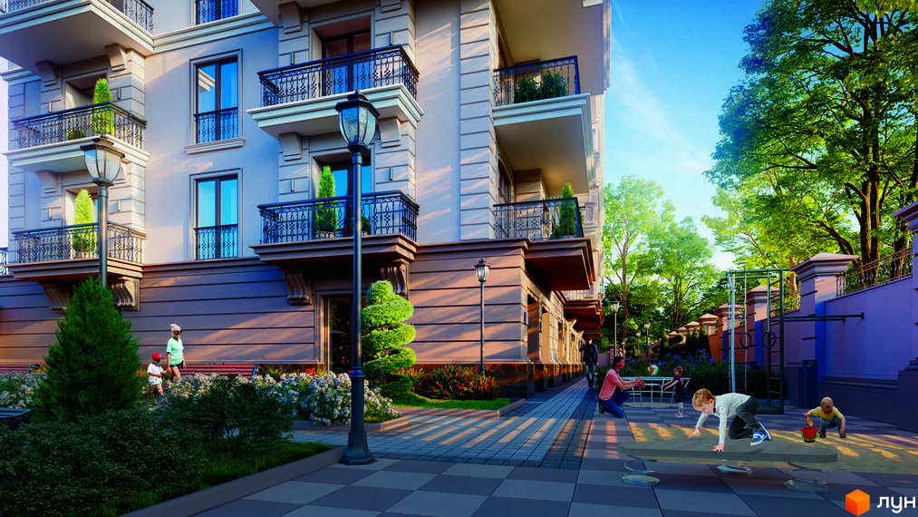 Фасад житлового комплексу Французький бульвар, 29б, з балконами та вікнами, на фоні зелені та дитячого майданчика.