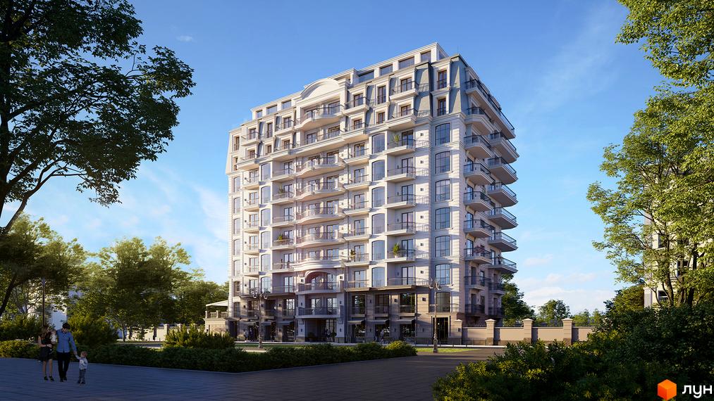 Елегантна новобудова Французький бульвар, 29б з численними балконами та французькими вікнами, оточена зеленню та доглянутою прибудинковою територією.