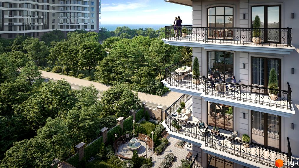 Житловий комплекс Французький бульвар, 29б, з елегантними балконами та зеленою прибудинковою територією з фонтаном.