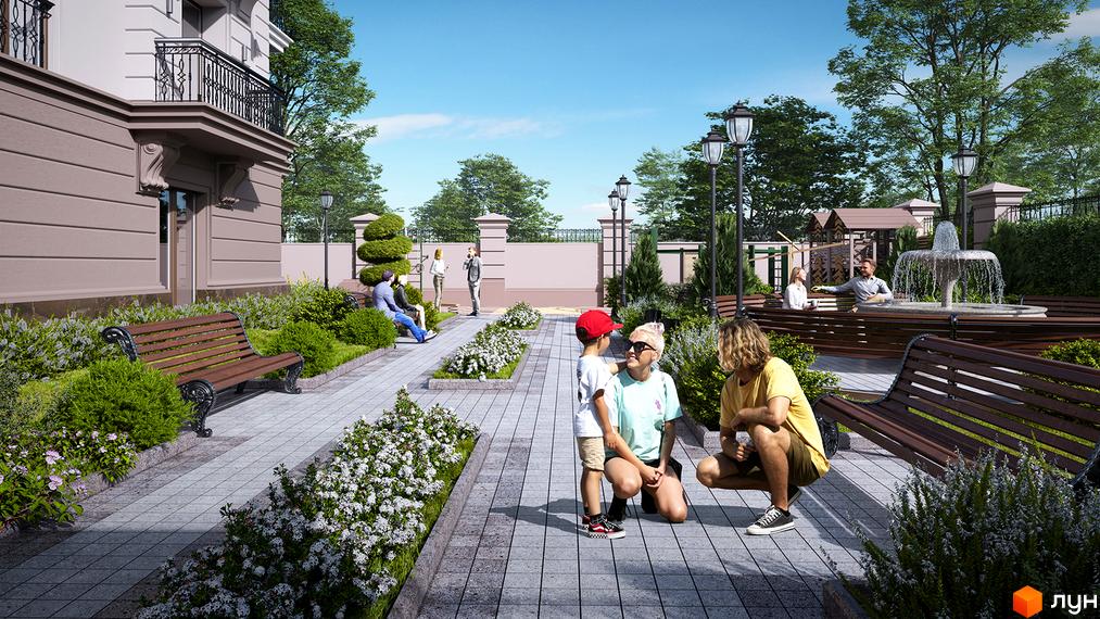 Житловий комплекс Французький бульвар, 29б: світлий багатоквартирний будинок з балконами та доглянута прибудинкова територія з лавками, фонтаном і зеленню.