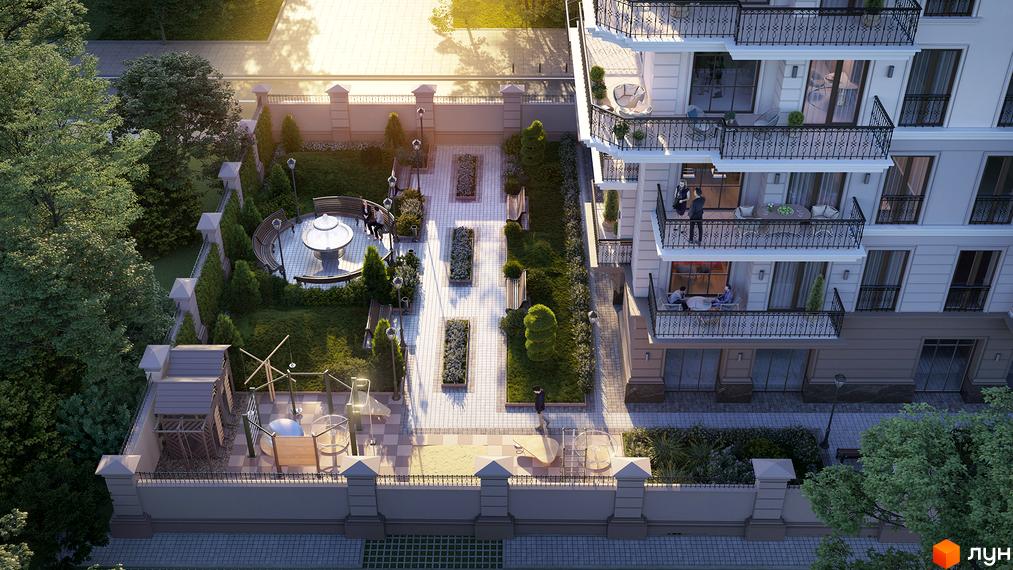 Багатоквартирний будинок з балконами та світлим фасадом. Прибудинкова територія має доглянутий двір з зеленими насадженнями, лавками, фонтаном та дитячим майданчиком.