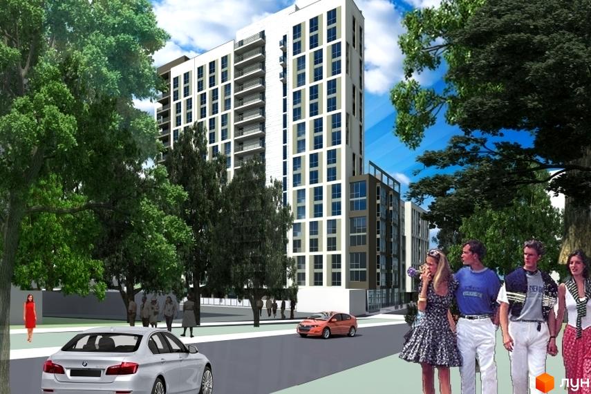 Новобудова Лейпцизька: висотна будівля з балконами та великими вікнами, оточена деревами. Поруч дорога з автомобілями та люди, що йдуть тротуаром.