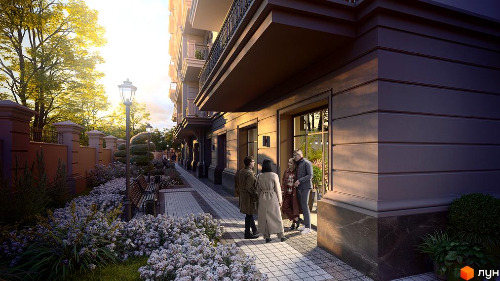 Фасад житлового комплексу Французький бульвар, 29б з темними стінами та великими вікнами, прибудинкова територія з доріжками, лавками та квітучими кущами.