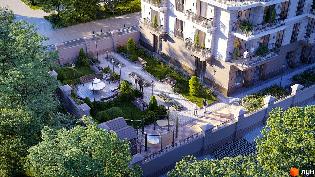 Житловий комплекс Французький бульвар, 29б, з фасадами світлої цегли та балконами з кованими поручнями, оточений доглянутим подвір'ям з ландшафтним дизайном та зонами відпочинку.