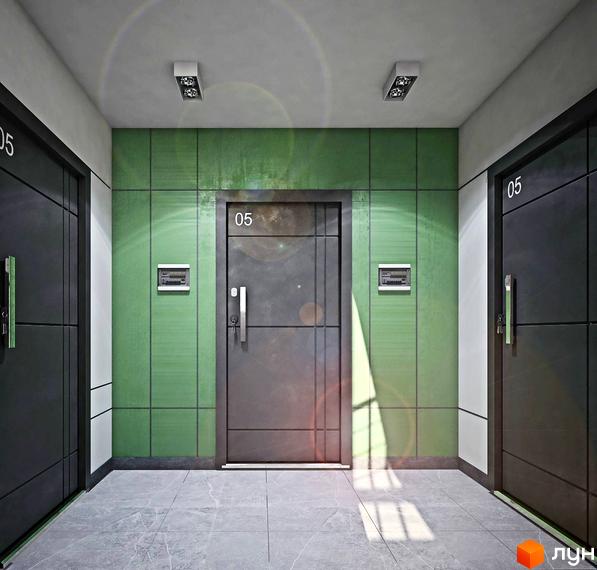 Клубний будинок „Карнаухова 58“: вхідна група з дверима та зеленими стінами. Сучасний дизайн під'їзду.