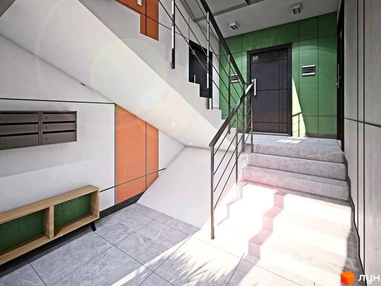 Клубний будинок „Карнаухова 58“: вхідна група з під'їздом та сходами. Сучасний дизайн та зручні планування.