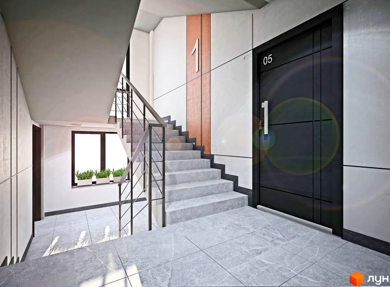 Клубний будинок „Карнаухова 58“: сучасний під'їзд з мармуровою плиткою на підлозі та сходах, дверима з номером 05.