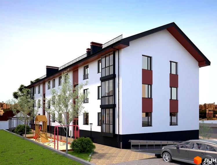 Клубний будинок „Карнаухова 58“ – це біла чотириповерхова новобудова з червоними вставками та чорним дахом. Поруч розташований дитячий майданчик з гірками та гойдалками.