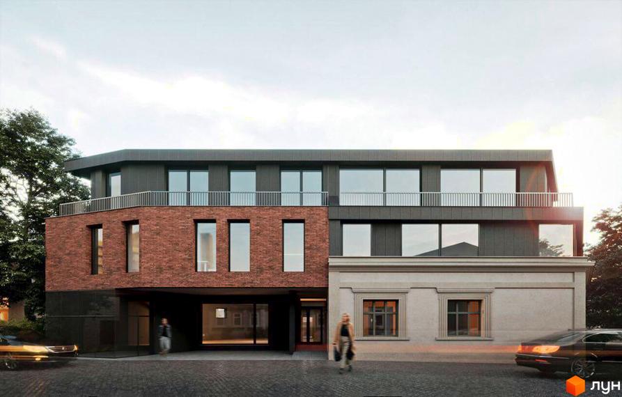 Новобудова LOFT з фасадом, що поєднує цеглу, темні панелі та світлі класичні елементи. Перед будинком бруківка та дерева.