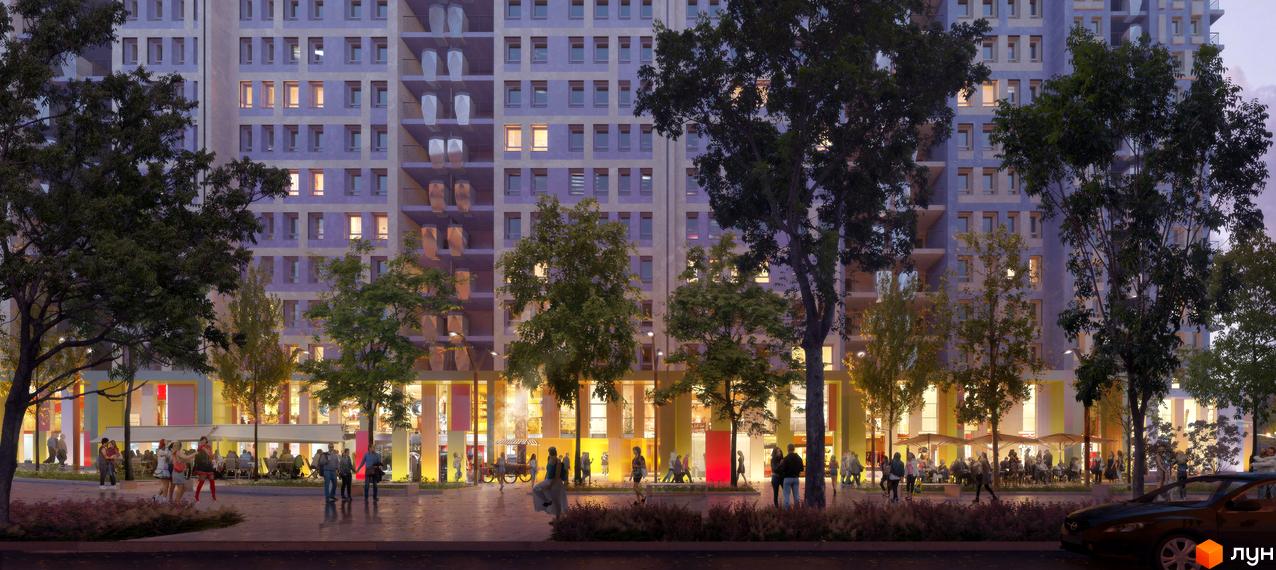 Житловий комплекс Happy House з фасадом у світлих тонах. На прибудинковій території висаджені дерева, облаштовані пішохідні зони та місця для відпочинку.