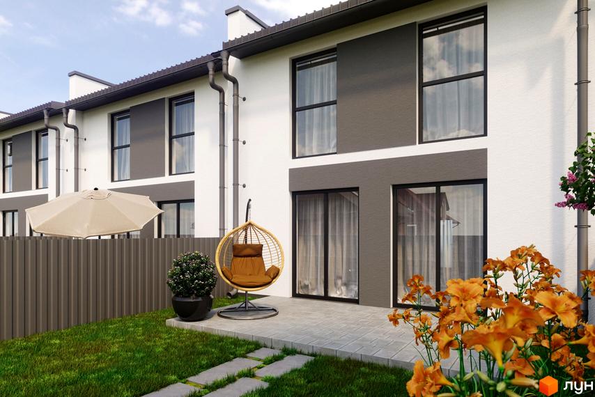 Зовнішній вигляд таунхаусів Sttk #5 з патіо, гойдалкою та квітами. Затишна прибудинкова територія з газоном та парасолькою.