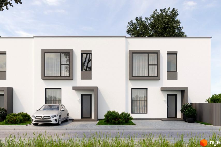 Таунхауси Sttk #5: білі двоповерхові будинки з сірими вікнами та дверима, прибудинкова територія з автомобілем та зеленими насадженнями.