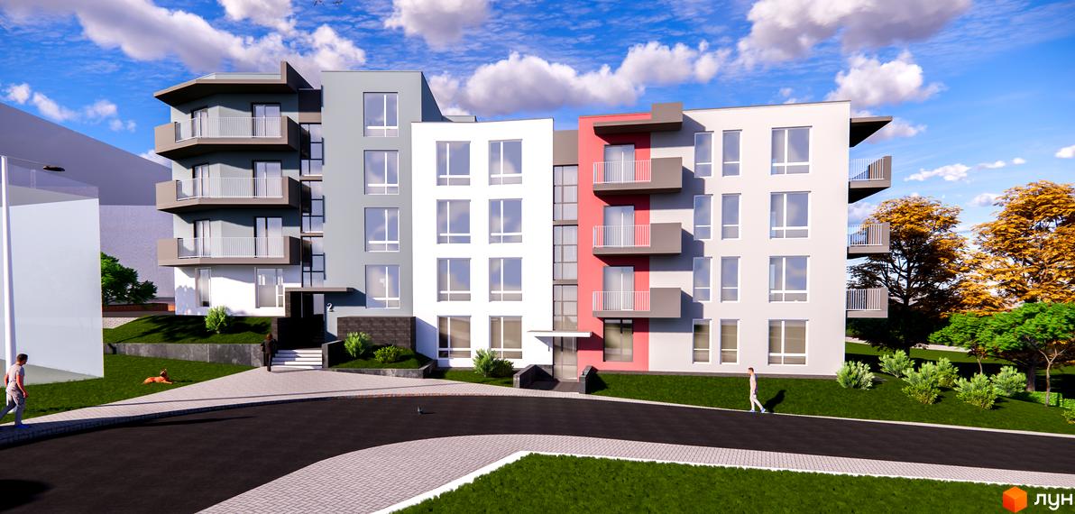 Житловий комплекс Жовківська брама: багатосекційний будинок з сірими, білими та кораловими фасадами, балконами. Прибудинкова територія з газонами та деревами.