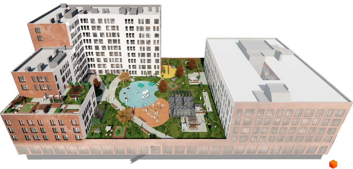 Житловий комплекс Стрийська 45. Перша лінія. Зовнішній вигляд новобудови з прибудинковою територією, дитячим майданчиком та зонами відпочинку.