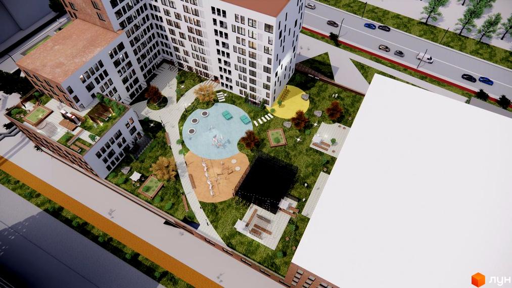 Житловий комплекс Стрийська 45. Вид зверху на багатоквартирні будинки з білими фасадами та зелену прибудинкову територію з дитячим майданчиком та зонами відпочинку.