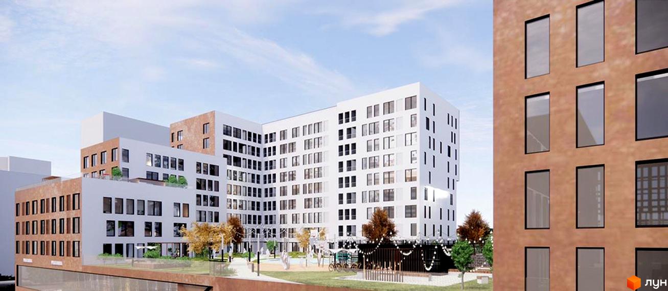 Житловий комплекс Стрийська 45. Перша лінія. Фасад будівлі з великою кількістю вікон, прибудинкова територія з деревами та місцями для відпочинку.