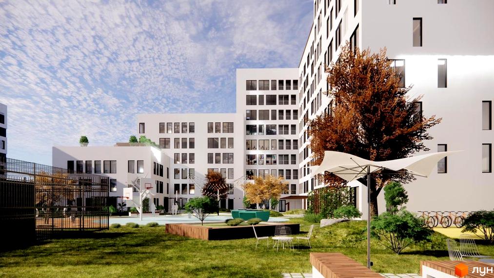 Житловий комплекс Стрийська 45. Перша лінія. Сучасна архітектура з великою кількістю вікон та зеленою прибудинковою територією, що включає спортивні майданчики та зони відпочинку.