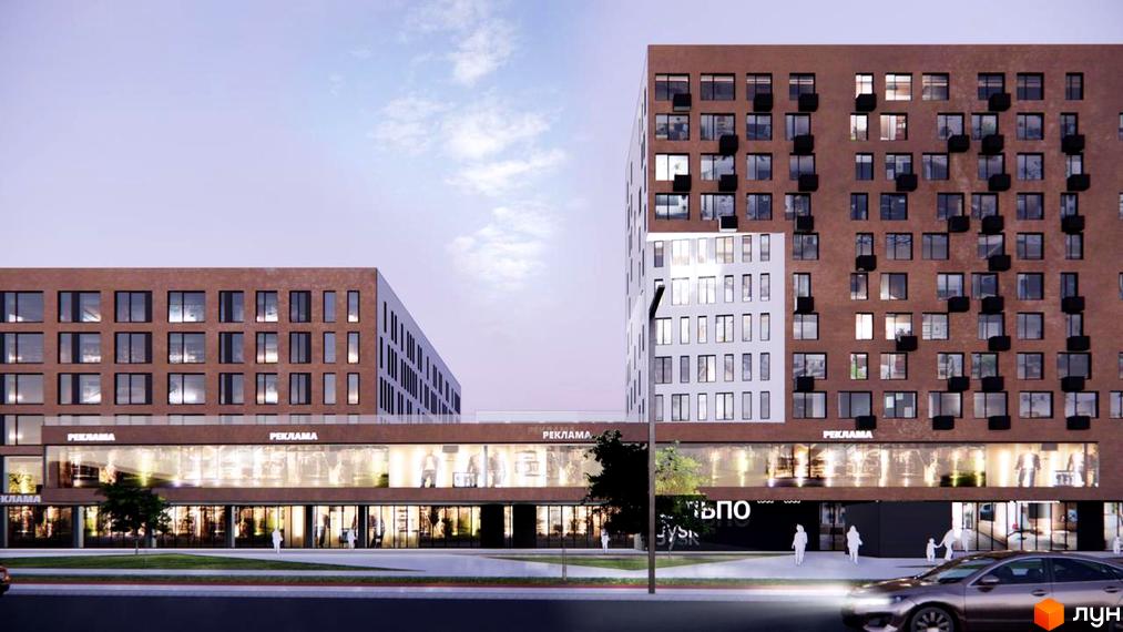 Житловий комплекс Стрийська 45. Фасад новобудови з численними вікнами та комерційними приміщеннями на першому поверсі. Перед будинком розташована зелена зона та дорога.