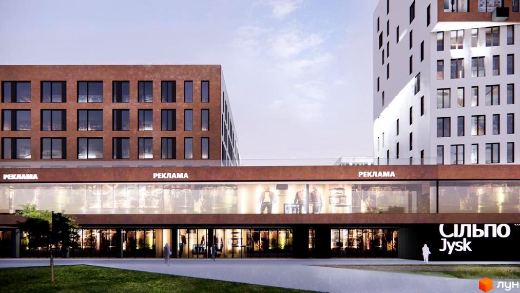 Житловий комплекс Стрийська 45. Перша лінія. Будівля з цегляним фасадом та великими вікнами, перед якою розташована зелена зона.