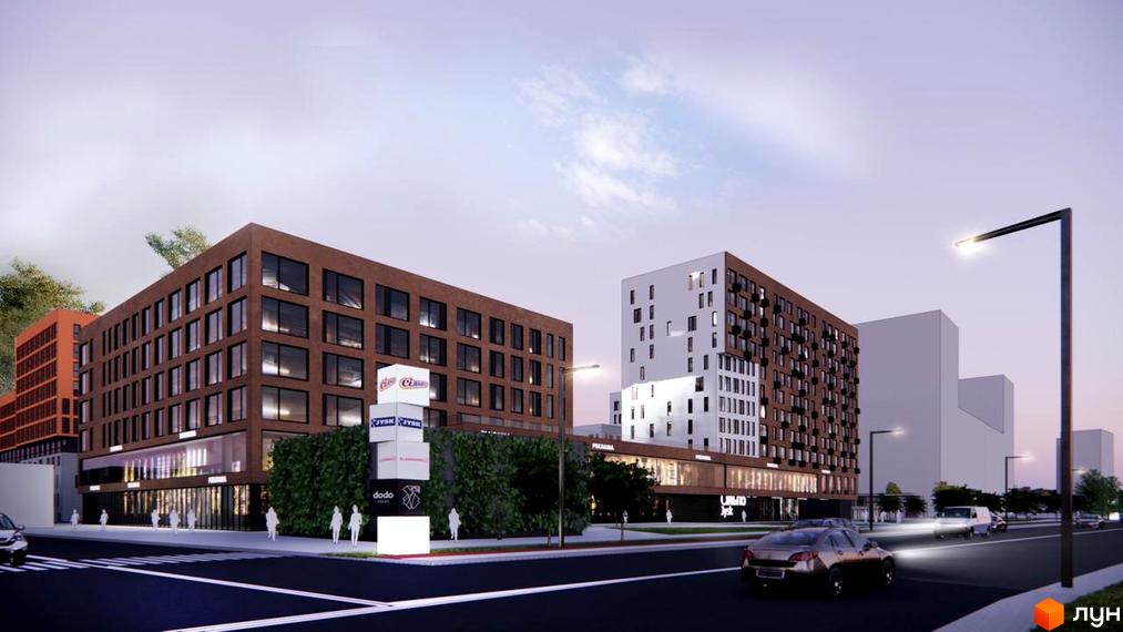 Новобудова ЖК Стрийська 45 на першій лінії з коричневою та білою фасадами, вікнами та зеленню. Навколо дороги, ліхтарі та автомобілі.