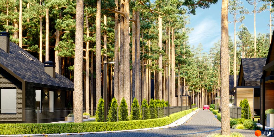 Котеджне містечко Green Lake. Темний будинок з черепичним дахом та огорожею, оточений високими соснами та доглянутими зеленими насадженнями.