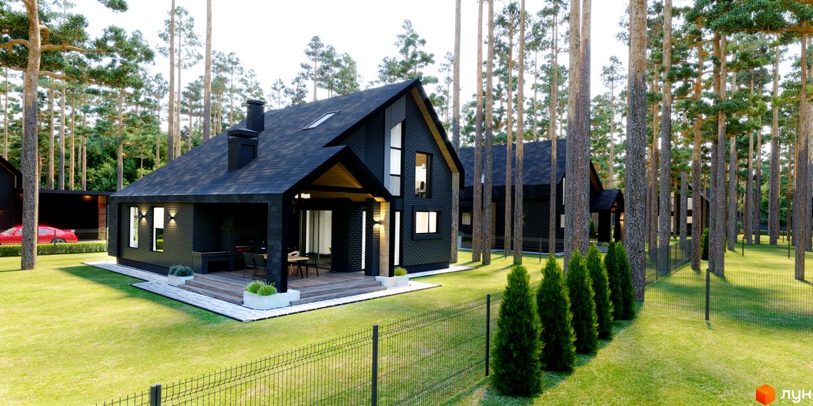 Котеджне містечко Green Lake: Темний цегляний будинок з гострим дахом та критою терасою. Навколо доглянутий газон та високі сосни.