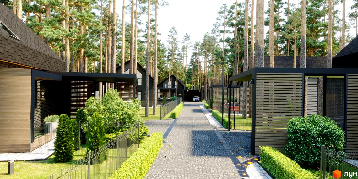 Котеджне містечко КМ Green Lake: сучасні будинки з темними фасадами та навісами, розташовані серед високих сосен. Прибудинкова територія з доглянутими газонами та огорожею.