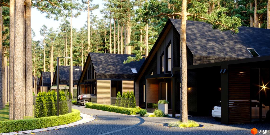 Котеджне містечко КМ Green Lake: фасади будинків з темним дахом та дерев'яними елементами, розташовані серед соснового лісу з доглянутою прибудинковою територією.