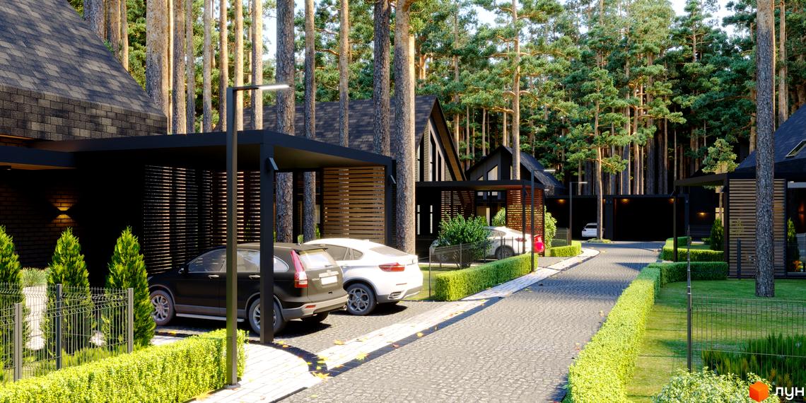 Котеджне містечко КМ Green Lake: сучасні будинки з панорамними вікнами та доглянутою прибудинковою територією з зеленими насадженнями.