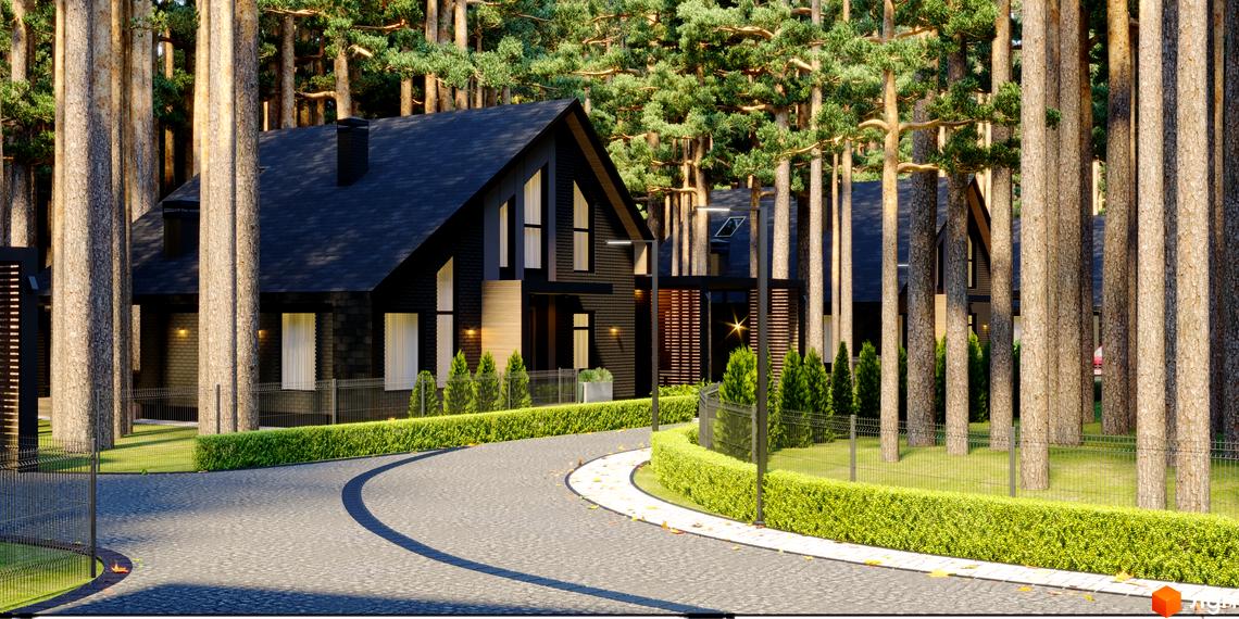 Котеджне містечко Green Lake: темні будинки з гострими дахами та великими вікнами, розташовані серед високих сосен, з доріжкою та зеленими насадженнями.