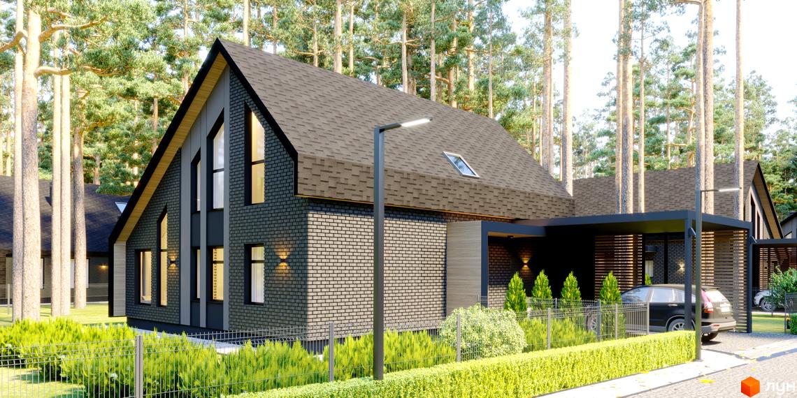 Котеджне містечко КМ Green Lake: двоповерховий будинок з сірої цегли та темним дахом, з навісом для авто та зеленими насадженнями.