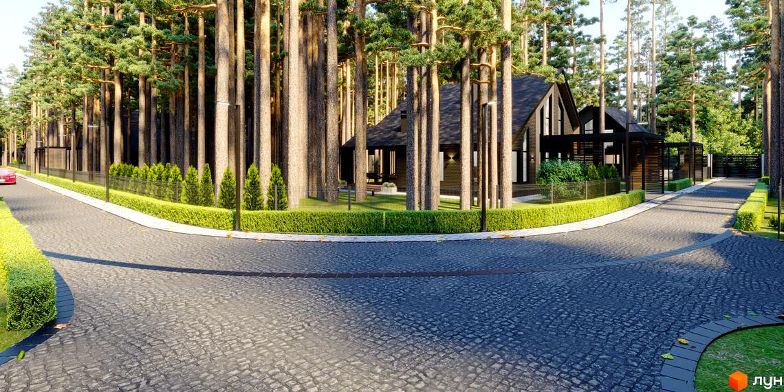 Котеджне містечко КМ Green Lake з темними фасадами та великими вікнами, розташоване серед високих сосен. Прибудинкова територія з бруківкою та акуратними кущами.