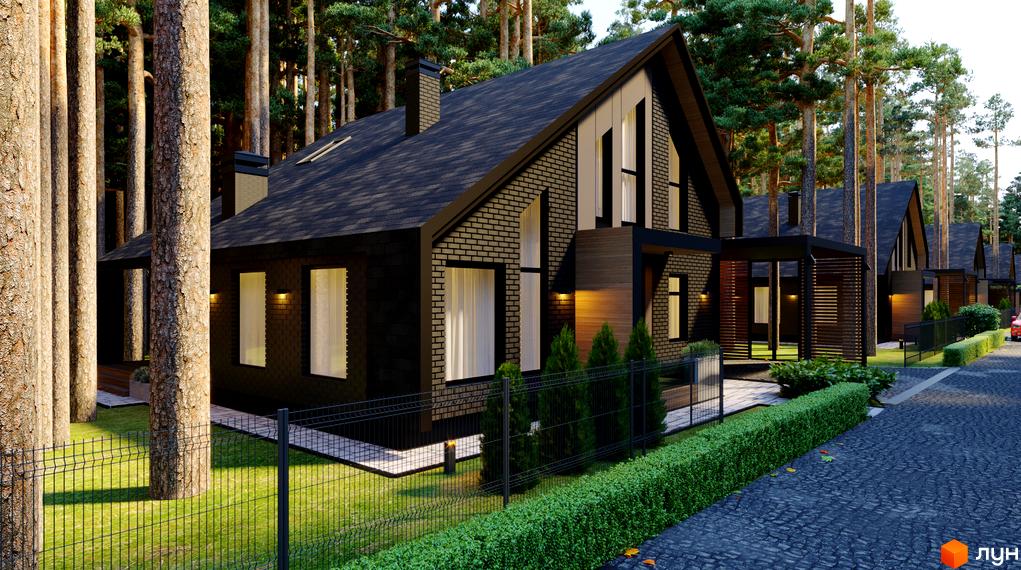 Котеджне містечко Green Lake: будинки з темної цегли та дерев'яними вставками, з високими скатними дахами, оточені соснами, газоном та доріжками.