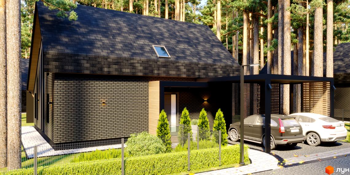 Котеджне містечко КМ Green Lake з чорною цегляною стіною, темним дахом та навісом для авто. На прибудинковій території доглянутий газон, кущі та дерева.