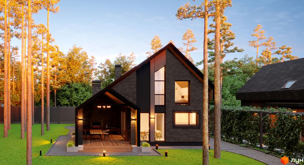 Фасад будинку Котеджного містечка Green Lake виконаний з темної цегли з великими вікнами та критою терасою. Навколо зелений газон, високі сосни та вимощена доріжка.