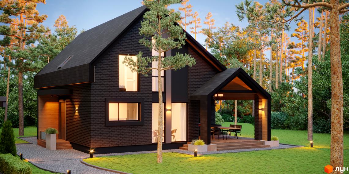 Котеджне містечко КМ Green Lake: двоповерховий будинок з чорної цегли та терасою, оточений соснами та доглянутим газоном.