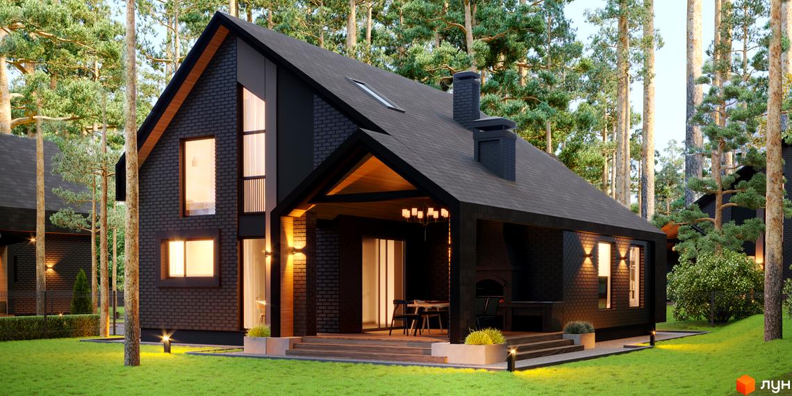 Котеджне містечко КМ Green Lake: двоповерховий будинок з чорної цегли з великими вікнами та критим ганком, оточений соснами та доглянутим газоном.