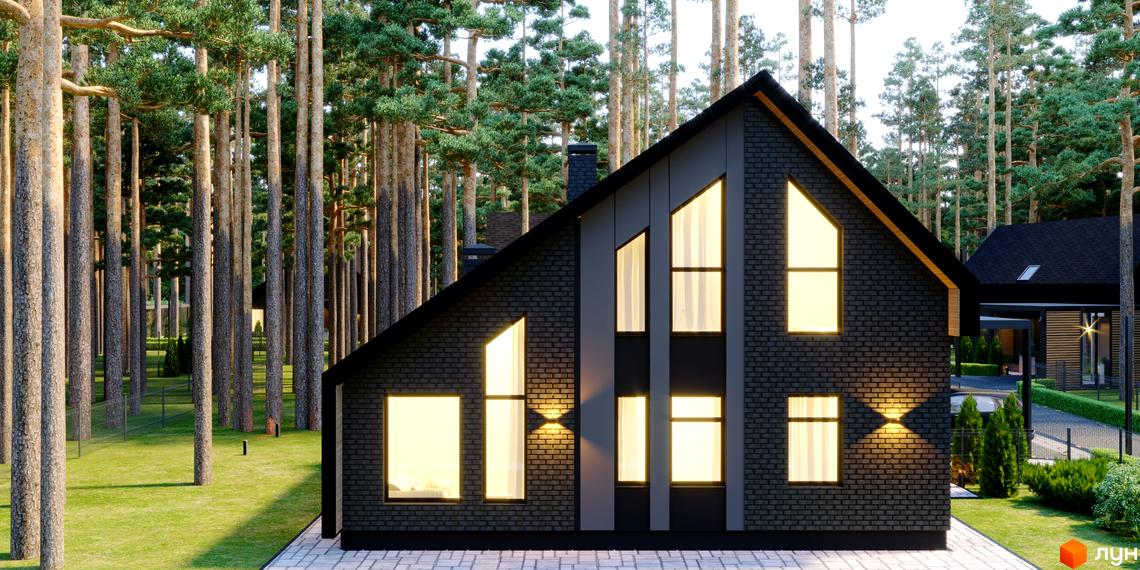 Котеджне містечко Green Lake: Темний будинок з цегляним фасадом та великими вікнами, оточений високими соснами та зеленим газоном.