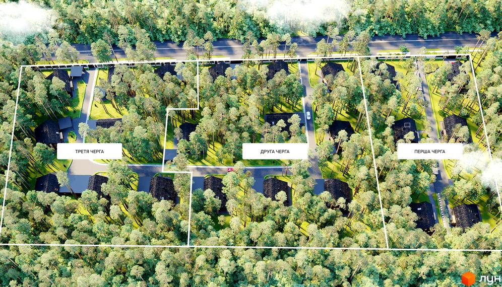 Котеджне містечко КМ Green Lake: вид зверху на будинок з чорним дахом та прибудинкову територію з деревами та дорогою.